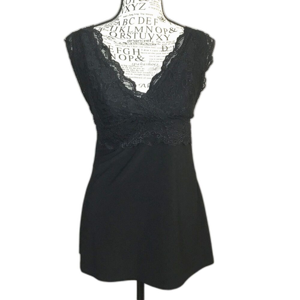 Black lace stretchybabydoll top tie back shiny fairycore y2k vintage romantic M